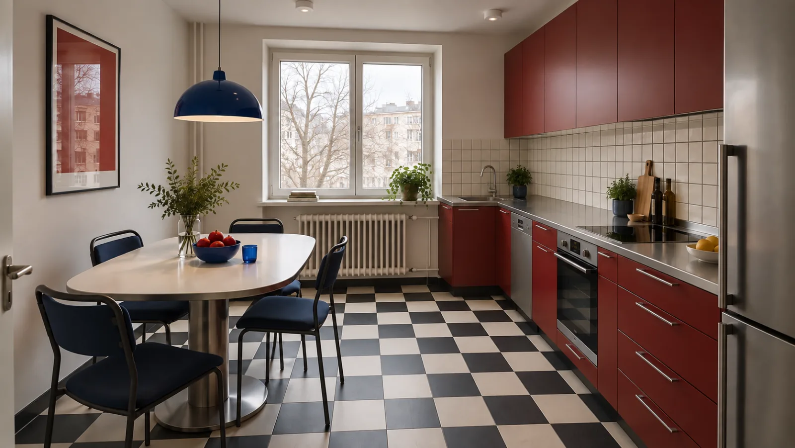 Кухня 9 м² с вишнёвыми фасадами, шахматным полом и столом на четыре места у окна
